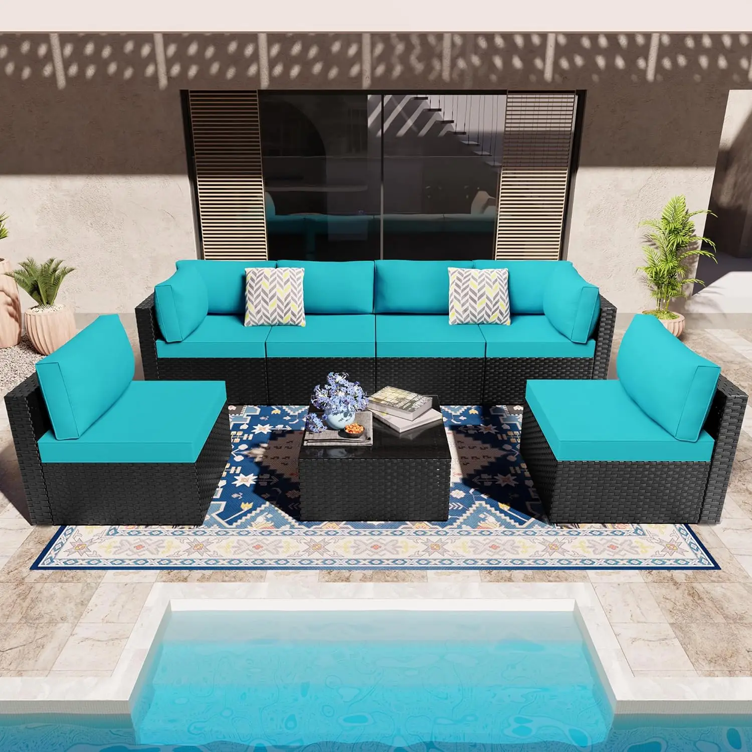 

7 Pieces Patio Outdoor Furniture Sets,Low Back All-Weather Rattan Sectional Sofa with Tea Table&Washable Couch Cushions