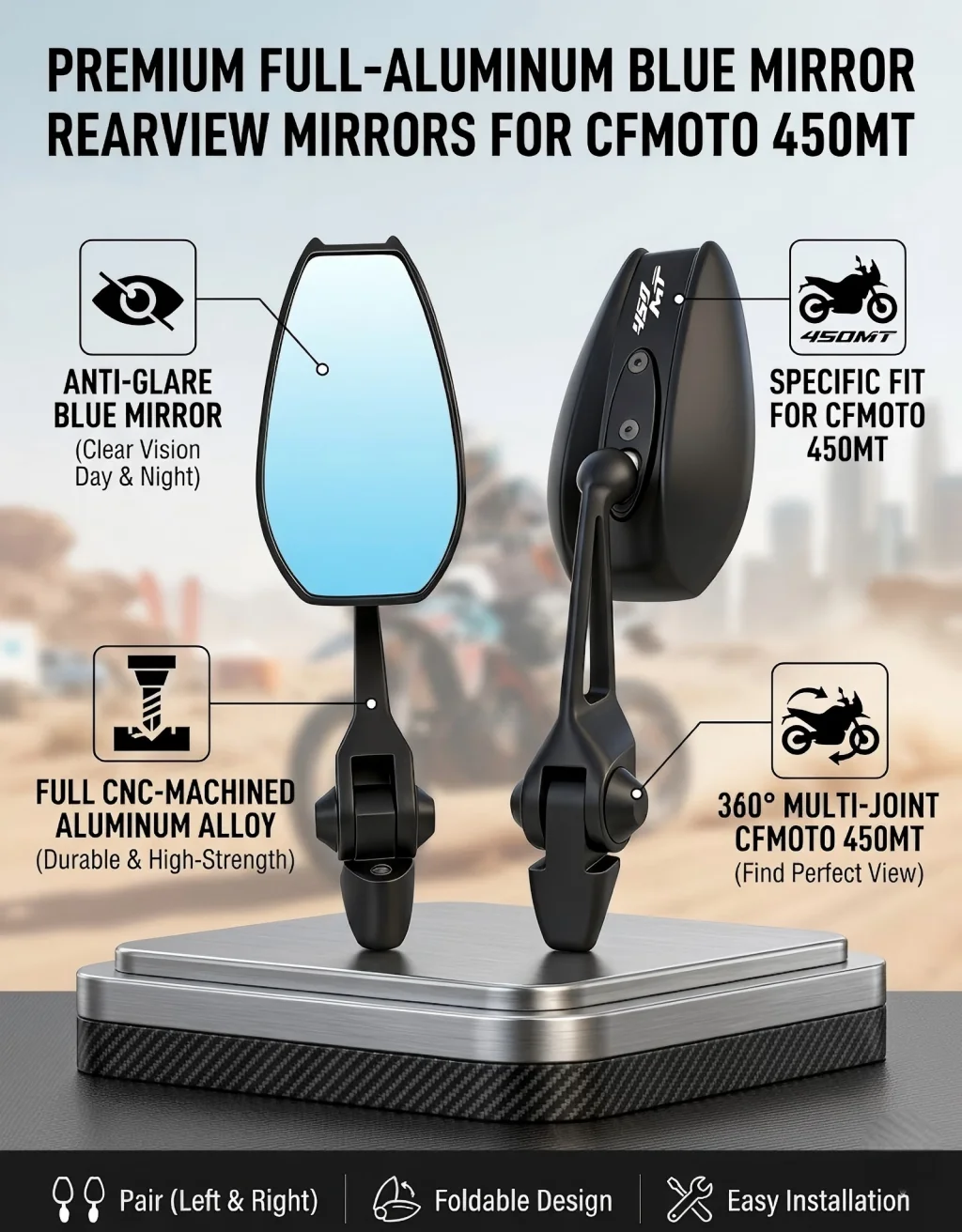 

Universal All-aluminum High-end Motorcycle Rearview Mirrors HD Convex glass For CFMOTO 450MT 450 MT CF450 450m 2021 2022 2023