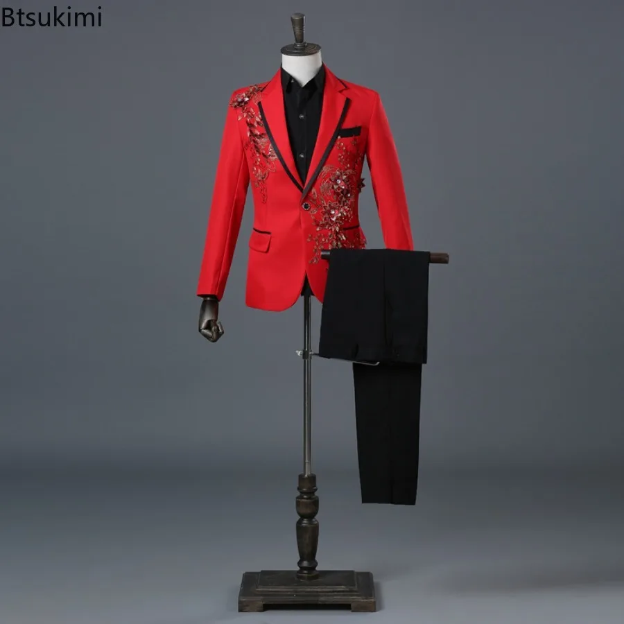 Elegant Appliqued Men's Suits Luxury Slim Fit Two Piece Sets Formal Tuxedo Suit and Pants Host Singer Stage Performance Costumes