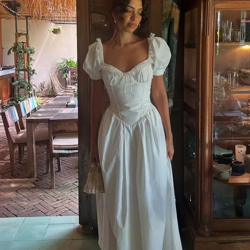 

2025 Women Lace Up Back V Neck White Dress Summer Female A-line Midi Elegant Dresses Vintage Puff Sleeve Robe Cotton Vestidos
