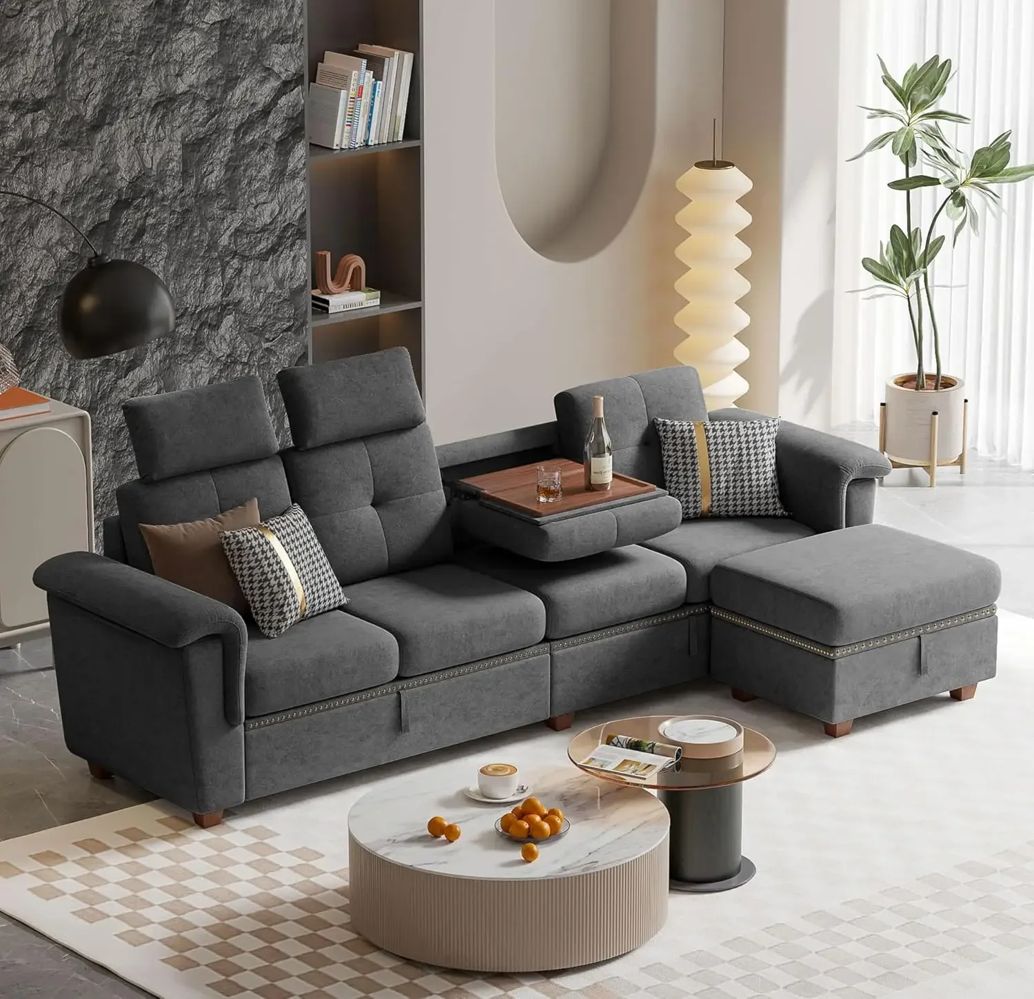 

Convertible Sectional Sofa, 4 Seat L Shaped Couch w/ Reversible Storage Chaise & Cupholder, Upholstered Fabric for Living Room