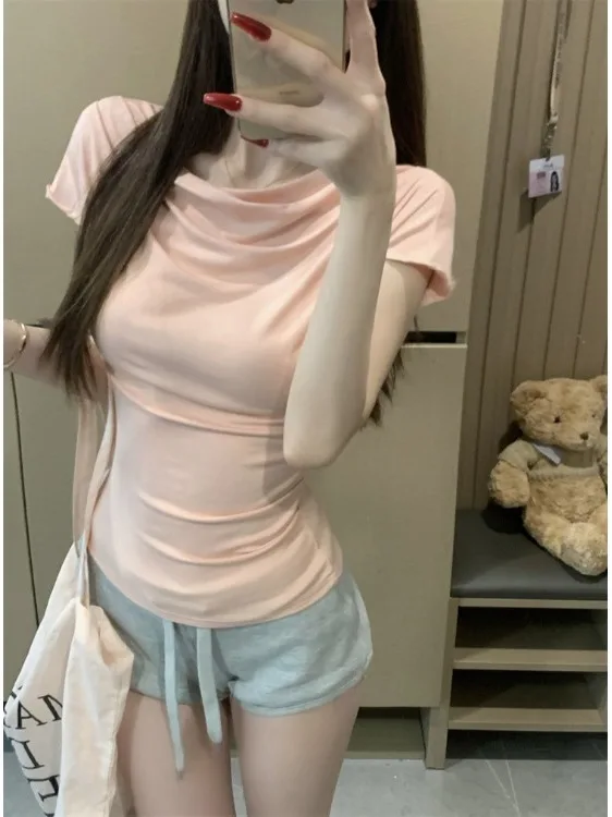 Sweet Spicy Girl Sle One schouder Afslankend Ontwerp Roze Eenvoudig T-shirt Dames Ins ort Sve Katoenmix Zomertop