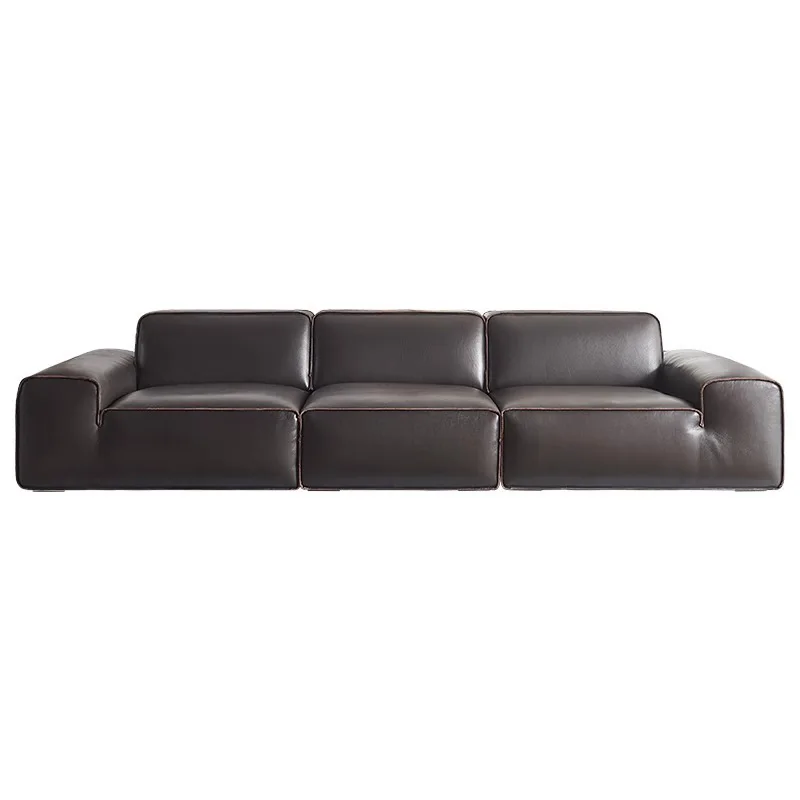 

Big black cow leather sofa, modern simple Internet celebrity living room tofu block straight row