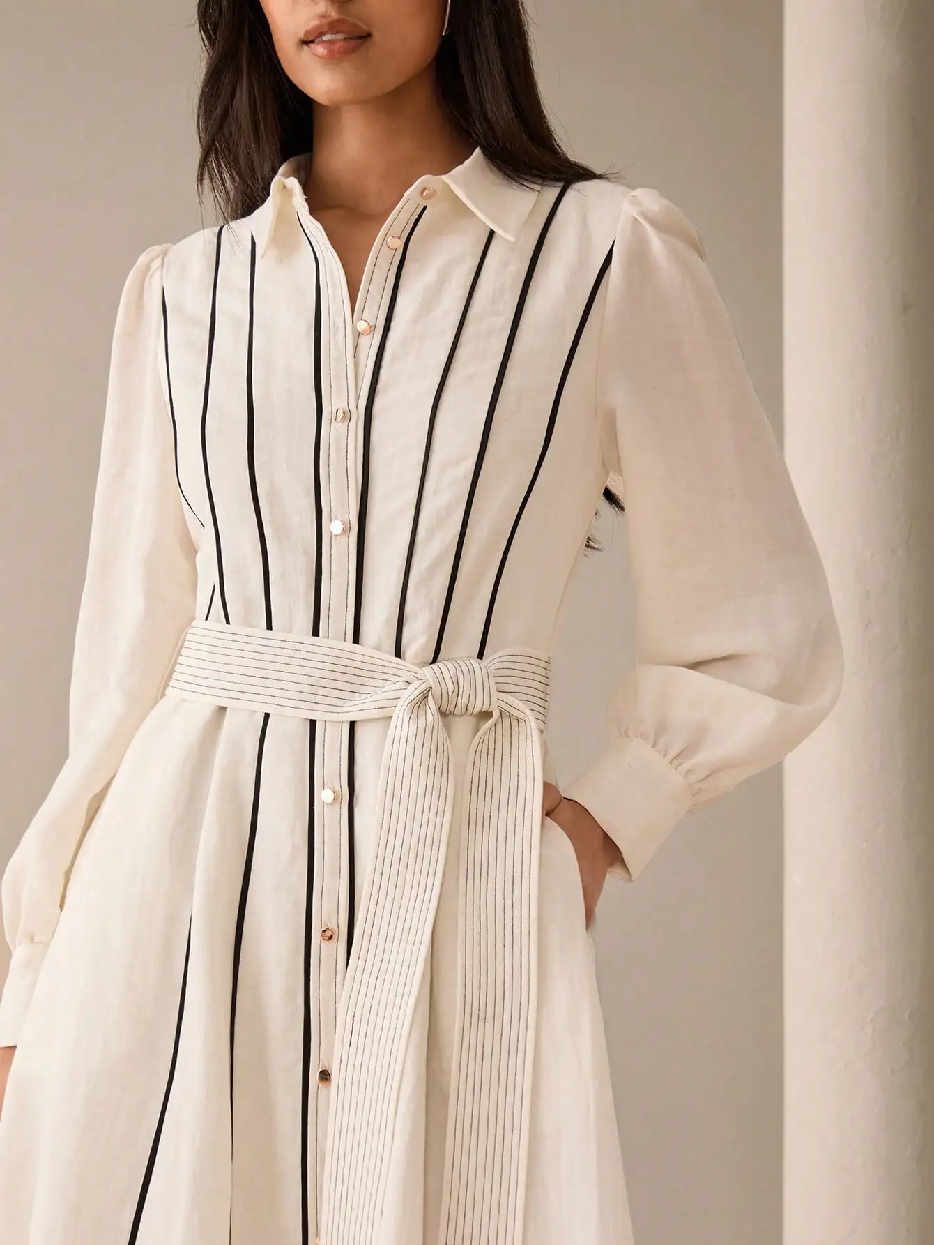 

Women's Cream Vertical Stripe Long Sleeve Shirt Dress with Belted Waist