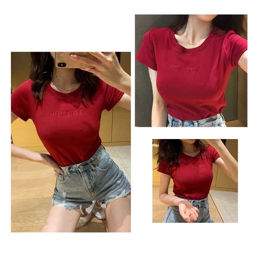 Casual Daily Women Top T-Shirt Cotton Embroidered Medium Elasticity Round Neck Short Sleeve Slim Solid Color Spring