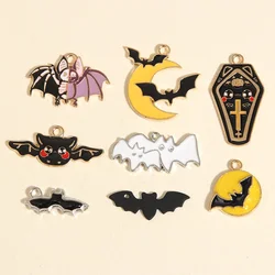 10pcs Gold Color Mix Lovely Enamel Moon Bat Charms Halloween Pendant Fit DIY Handmade Jewelry Making Finding Supplies