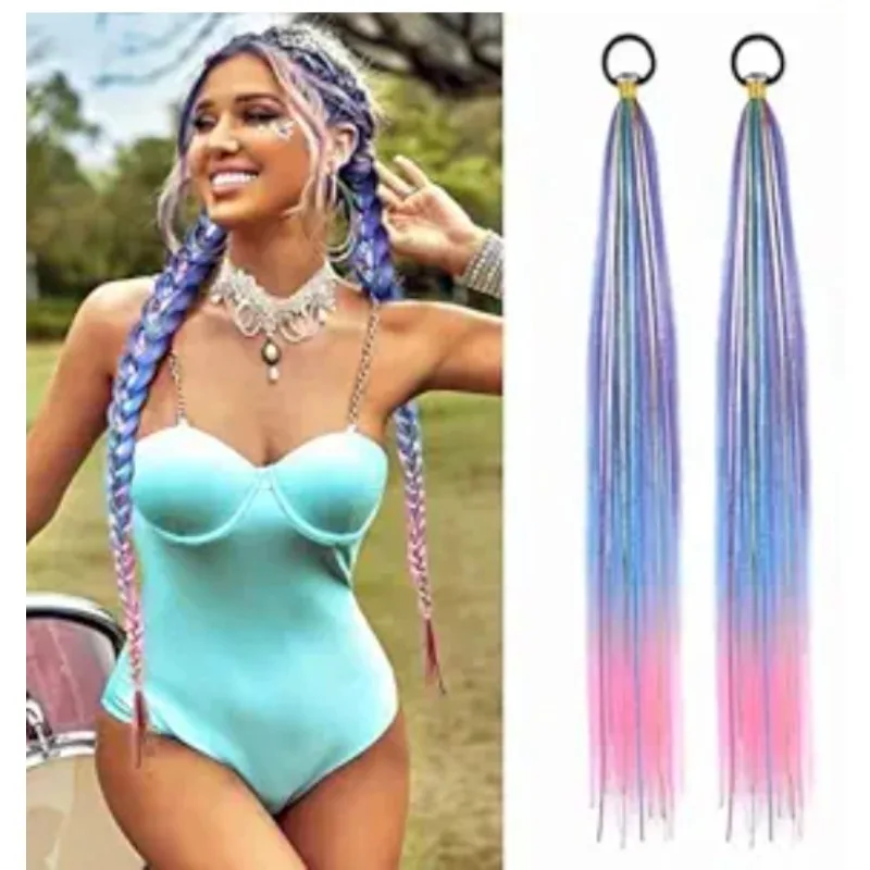 

26-дюймовый цветной плетеный хвост с мишурой для волос, 2 упаковки, градиентный хвост с эластичной завязкой, прямой гладкий обертывание вокруг