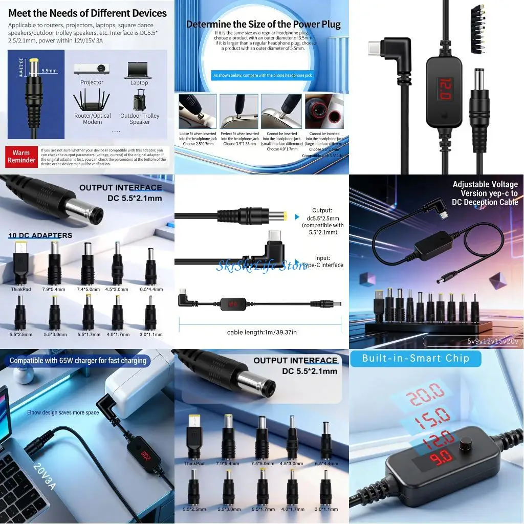 

E65E Efficient Charging Cord Type C to DC5.5 Cable +10 Adapters Adjustable Voltages Durability PVC and Safety for Electronics