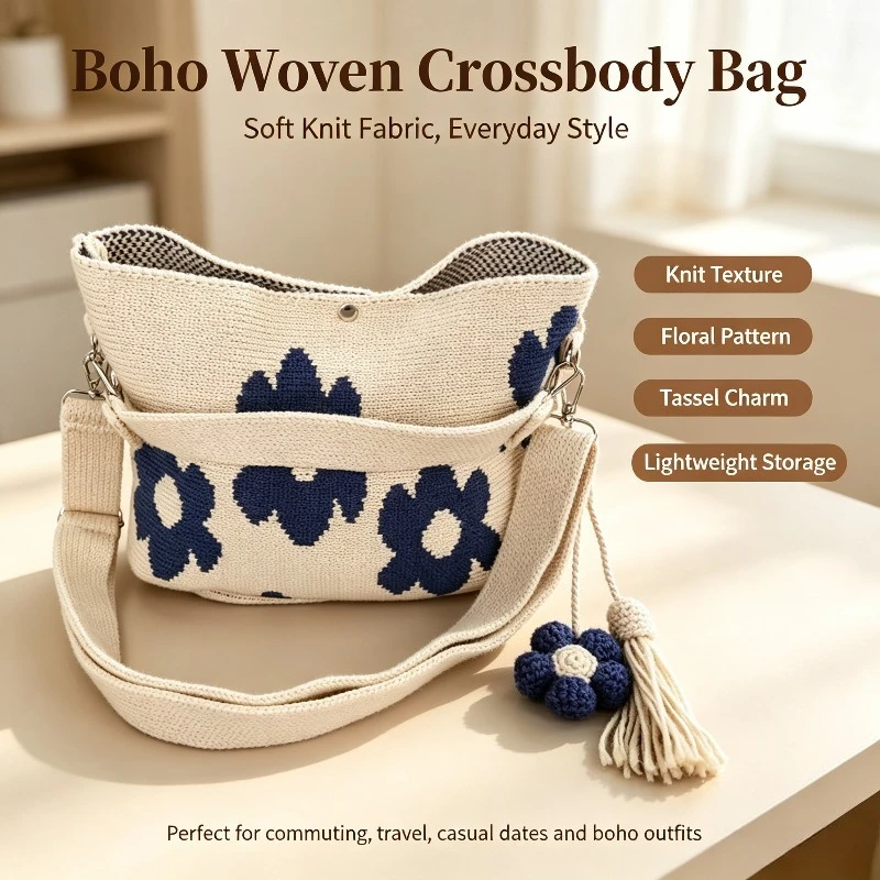 Hand Crochet Flower Bag Handmade Knitted Floral Shoulder Tote Bag For Daily Matching