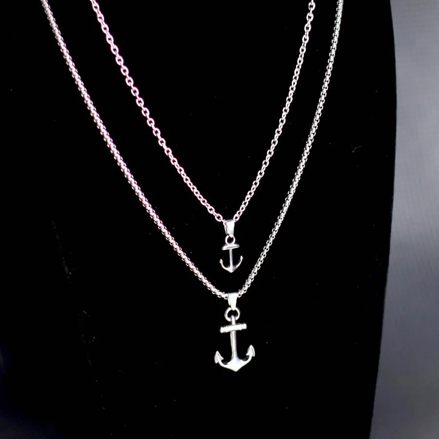 Hiphop Anchor Necklace For Men 2Pcs/Set Stainless Steel Cuban Chain Collar Outdoor Motorcycle Cool Riding Neck Accessories Punk view 2