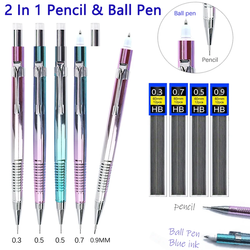 New Creative 2 In 1 Mechanical Pencil & Blue Ballpoint Pens Set, 0.3 0.5 0.7 0.9mm Automatic Pencil With Eraser Writing Supplies