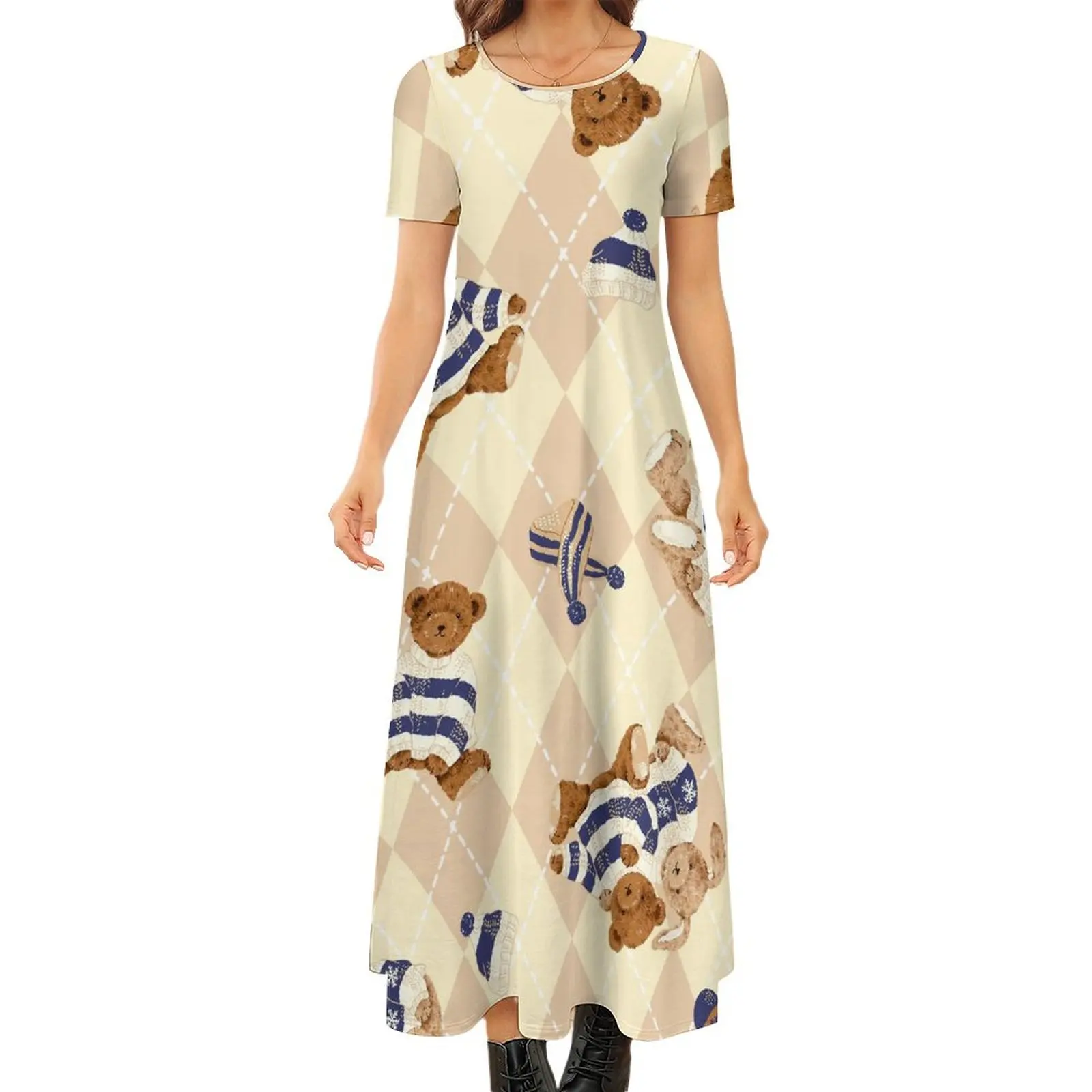 

Cartoon Bear Print Dress Geometry Kawaii Maxi Dress Short Sleeve Funny Boho Beach Long Dresses Woman Pattern Oversized Vestido