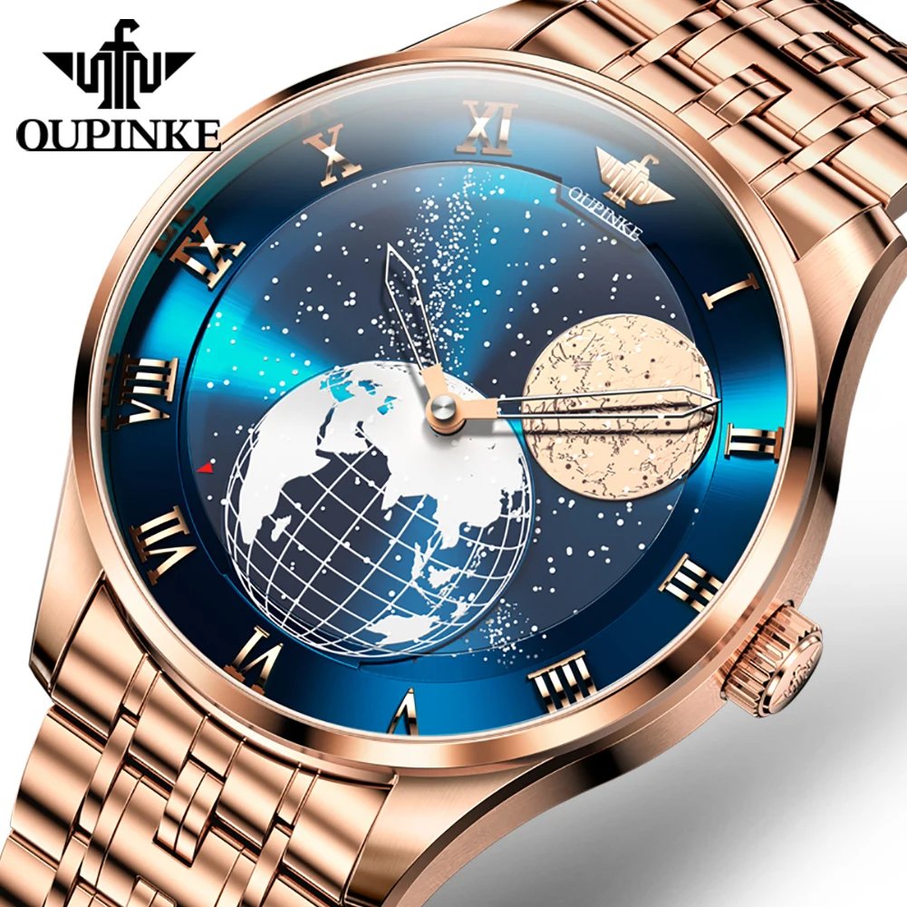 OUPINKE Luxury Swiss Automatic Watch Men 3D Earth Starry Star Rotating Dial Moon Phase Men's Wristwatch Mechanical Watch for Men