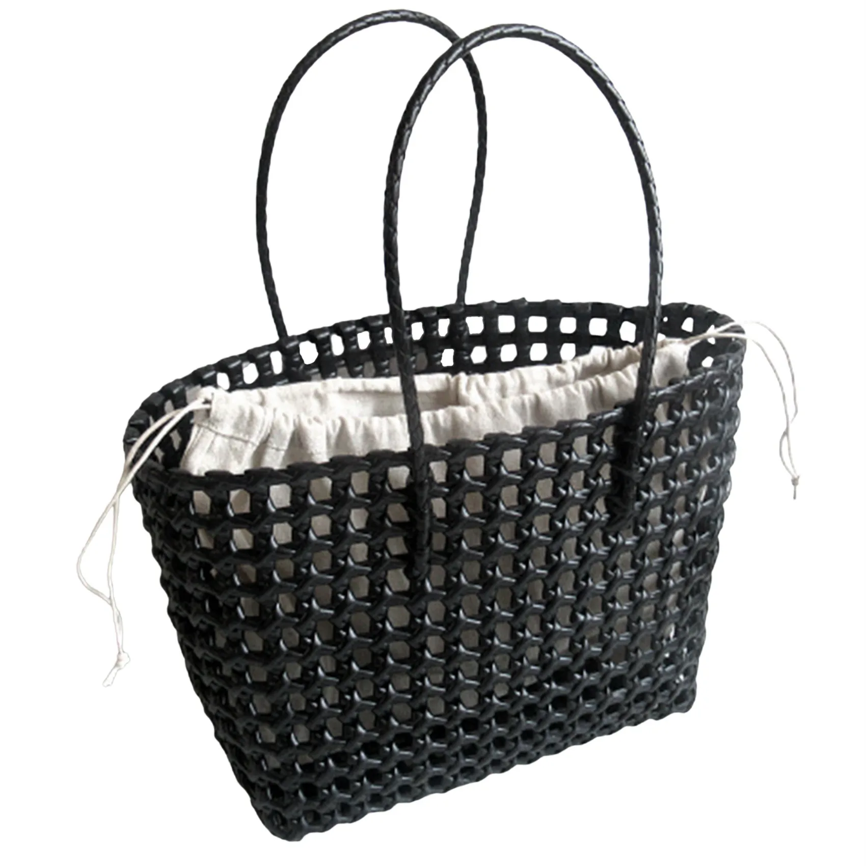 Women Summer Casual Plastic Large Capacity Woven Beach Purse Travel Shopping Basket Shoulder Bag(Black with Liner)