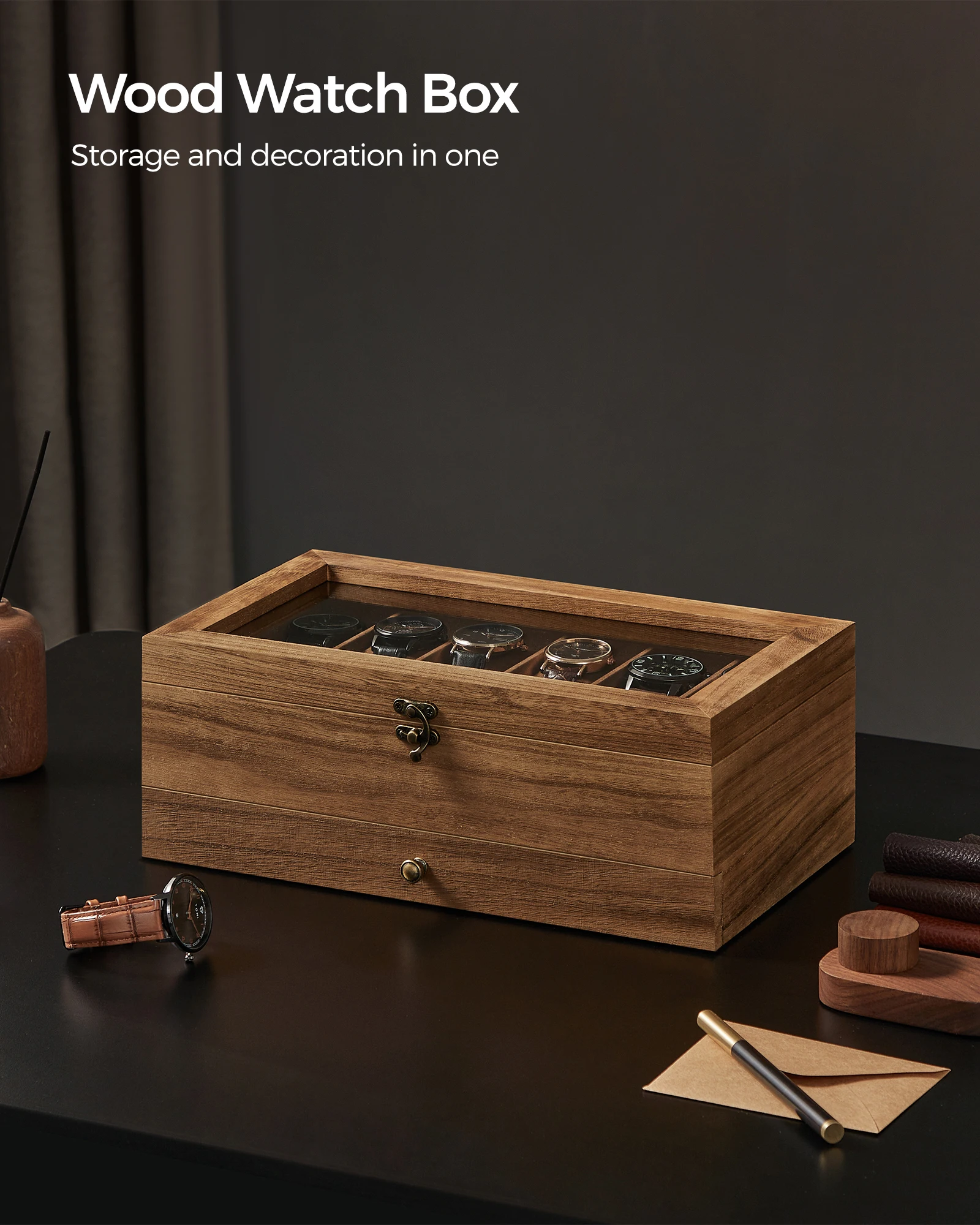 SONGMICS 12-Slot Watch Box, 2-Tier Watch Display Case with Large Glass Lid, Removable Watch Pillows, Velvet Lining, Jewelry Box image 6