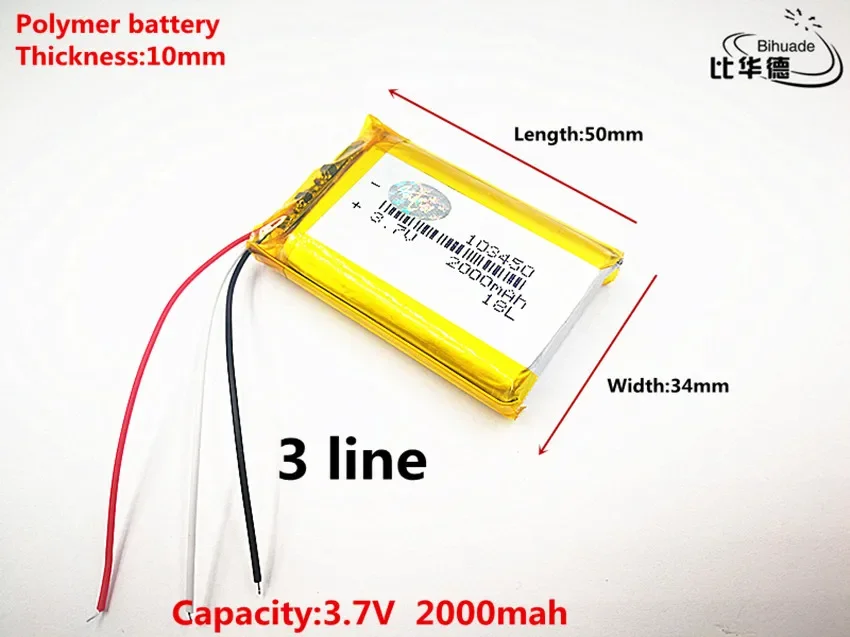 10pcs/lot 3 line Good Qulity 3.7V,2000mAH,103450 Polymer lithium ion / Li-ion battery for TOY,POWER BANK,GPS,mp3,mp4