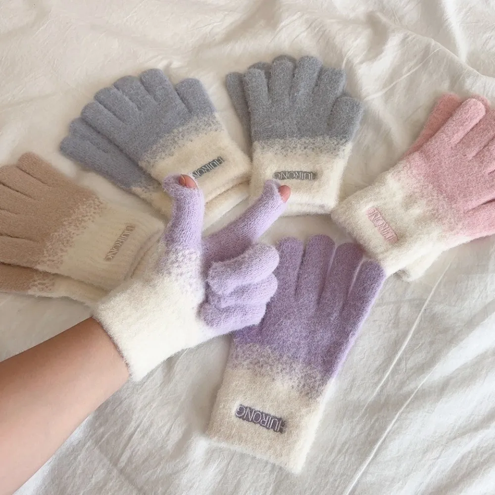 سميكة قفازات محبوكة مرونة عالية ندفة الثلج التدرج اللون الشتاء القفازات شاشة تعمل باللمس الدفء خمسة أصابع قفازات النساء