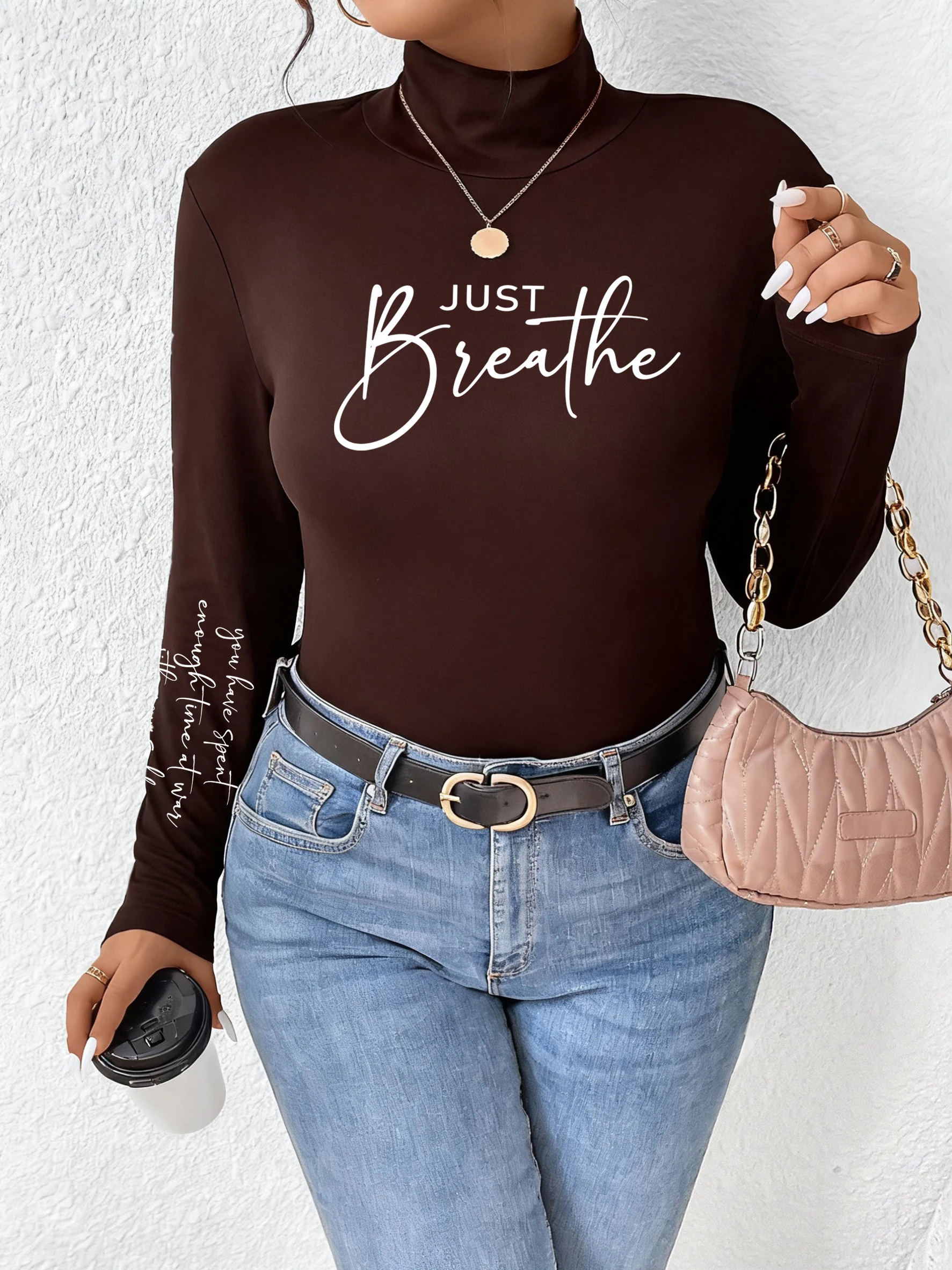 Just Breathe Art Letter Printed Women T Shirts Autumn Comfy Pullover Fit Half High Collar Soft T-Shirts Casual Fashion Clothes