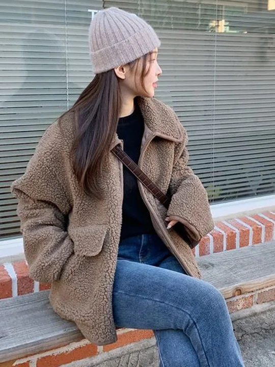 Chique pele de cordeiro jaet feminino solto sli calor facionable anti-envelhecimento outono inverno nova chegada casaco ort coreano sle