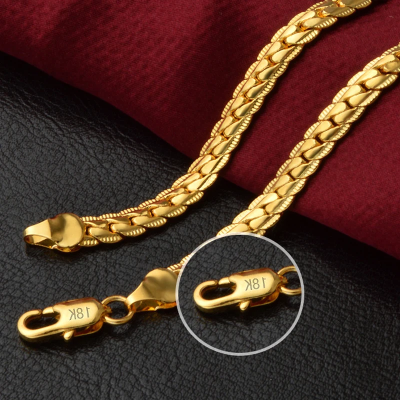 

18K Gold Necklace 18 20 22 24 Inch 6mm Full Sideways Chain Necklace For Women Men Jewelry Gift