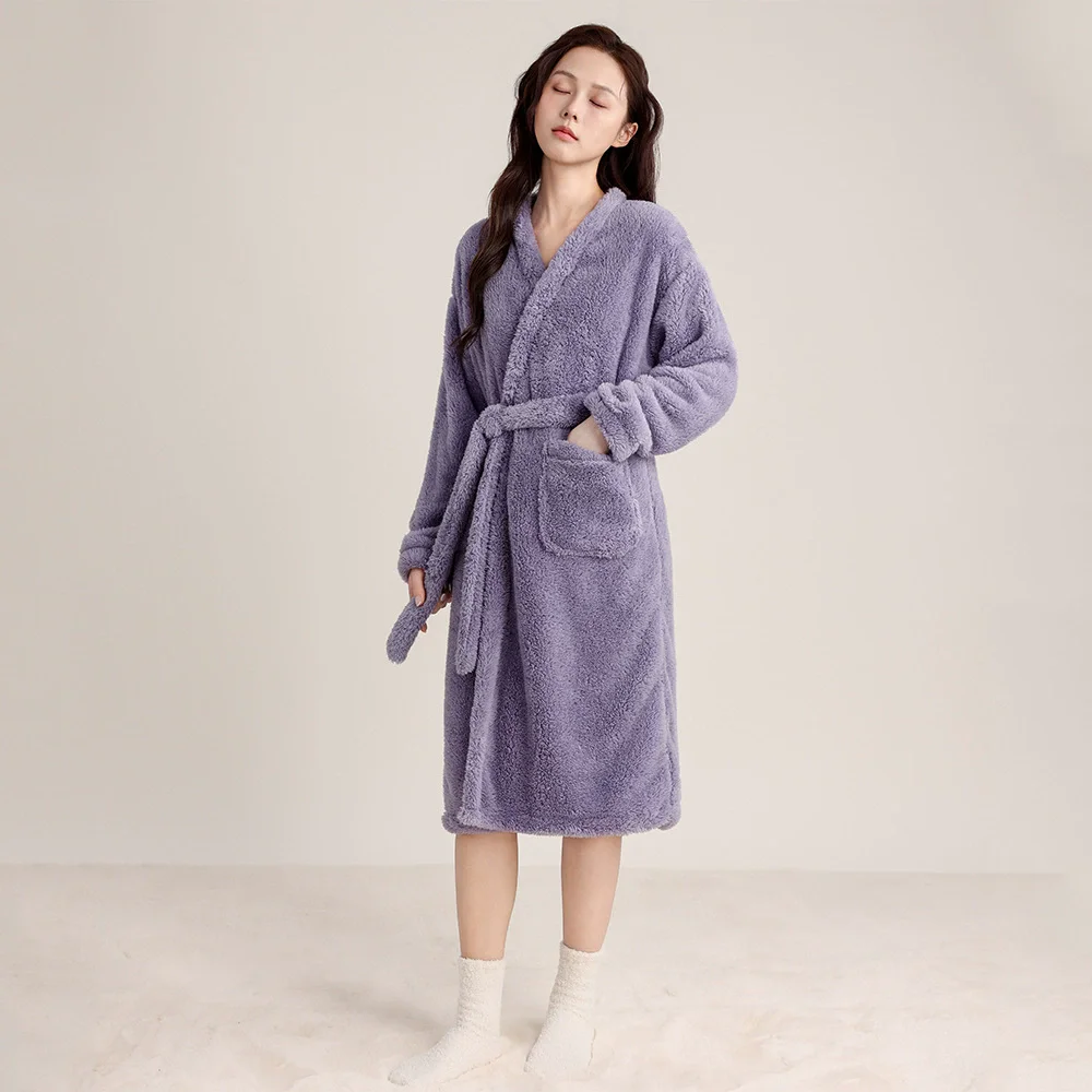 Autumn Winter Flannel Bathrobe Female Soft Thicken Warm Coral Fleece Sleepwear Lounge Wear Solid Color Robe With Belt