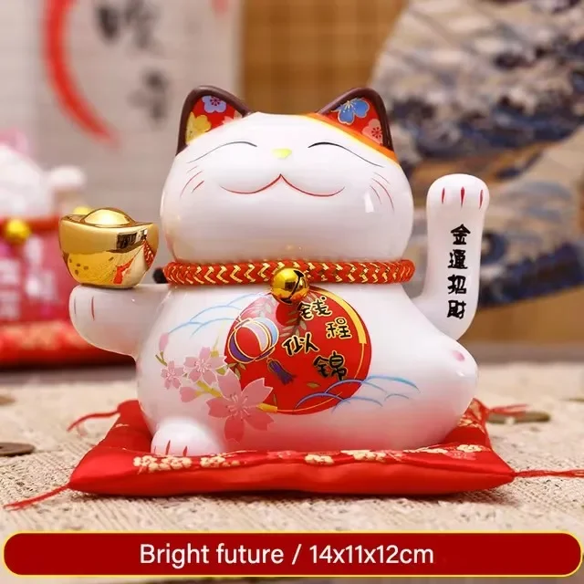 Maneki Neko الذي يعمل بالبطارية من السيراميك مقاس 5 بوصات مع يد ملوحة - ديكور منزلي Lucky Cat وهدية مثالية (رمز فورتشن)