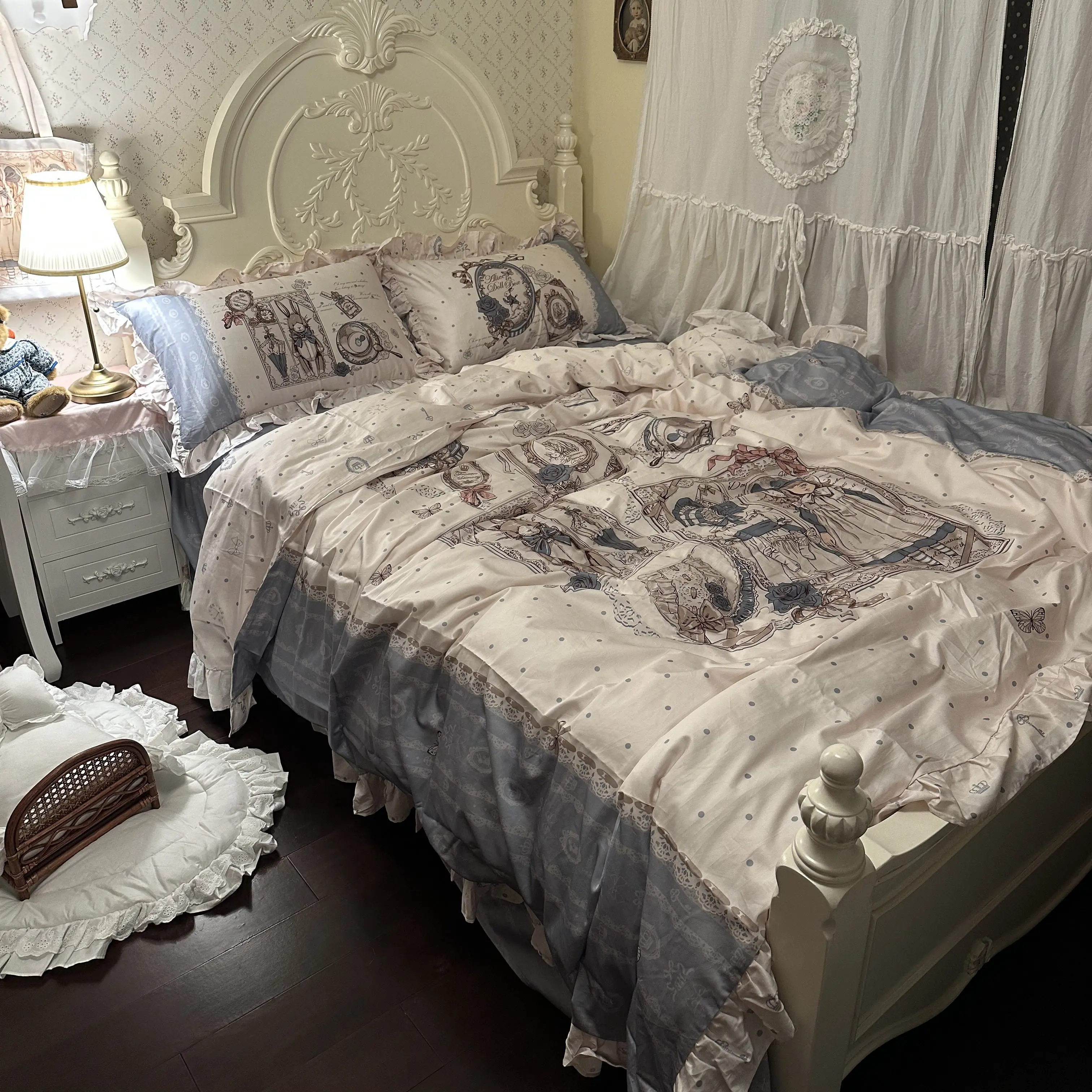 Lolita Style Bedding Set, High-end Cotton 4-Piece Set,100% Cotton Bed Sheet Duvet Cover Pillowcases for gilr's Bedroom
