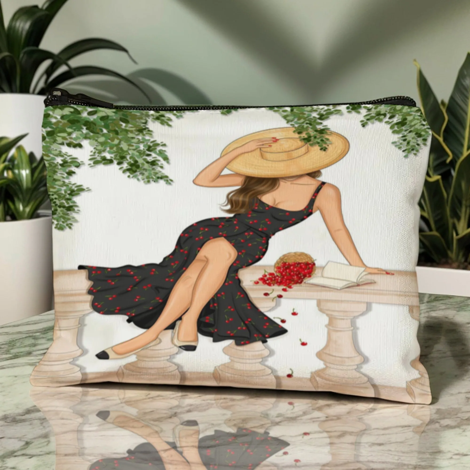 Casual French Cherry Elements Women's Storage Bag Travel Makeup Organizer Cosmetic Bag Lipstick Perfume Bag Coin Purse