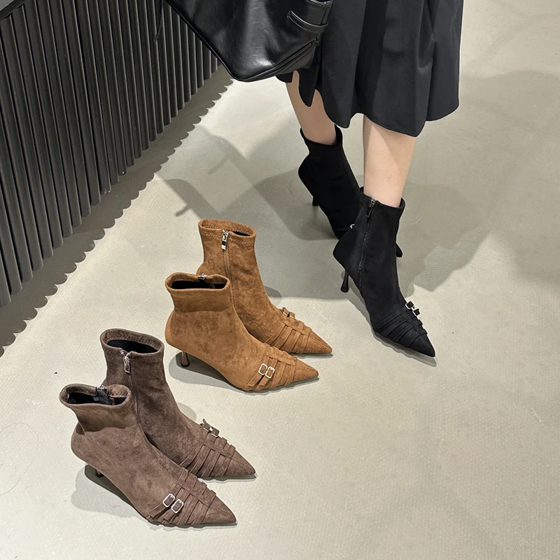 

SUOJIALUN 2025 New Brand Women Ankle Boots Fashion Pointed toe Thin High Heel Dress Chelsea Pumps Ladies Elegant Short Boots Sh