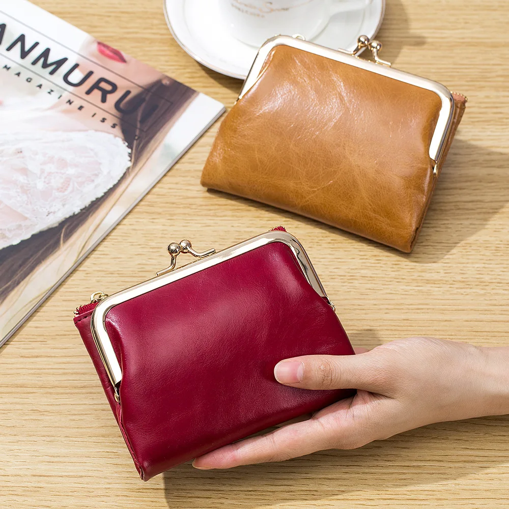 Cowhide Retro Short Wallet Women\'s Multifunctional Clip Coin Purse Simple Storage Bag Small Fold Card Holder Purses for Women