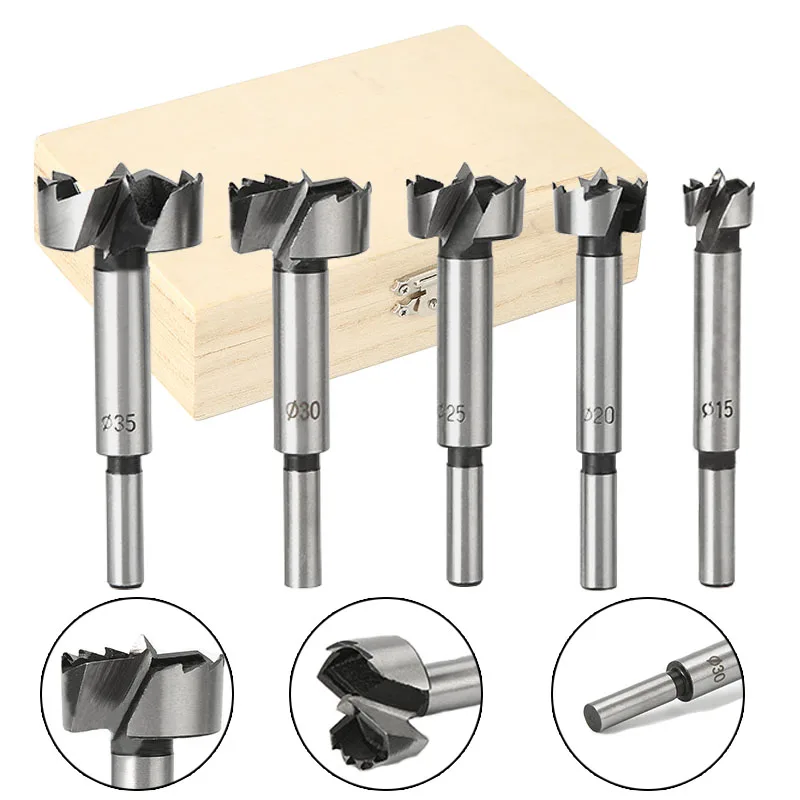 5Pc Woodworking Multi-tooth Forstner Drill Bit Set 15/20/25/30/35mm Round Shank Self-centering Hinge Boring Hole Saw Cutter Tool