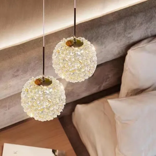 

Warm and Romantic Crystal Lamp Bedhead Small Pendant Light Luxury Round Ball Room Long Line Pendant Lamp