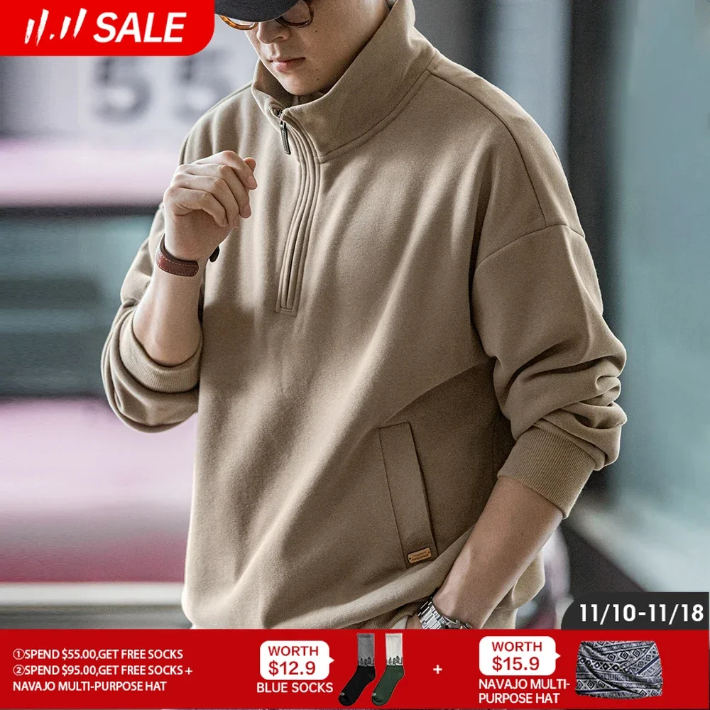 

Maden Casual Half-Zip Stand Collar Fleece Sweatshirt Cleanfit Solid Pullover Warm Hoodies Men's Fall and Winter Top without Hood