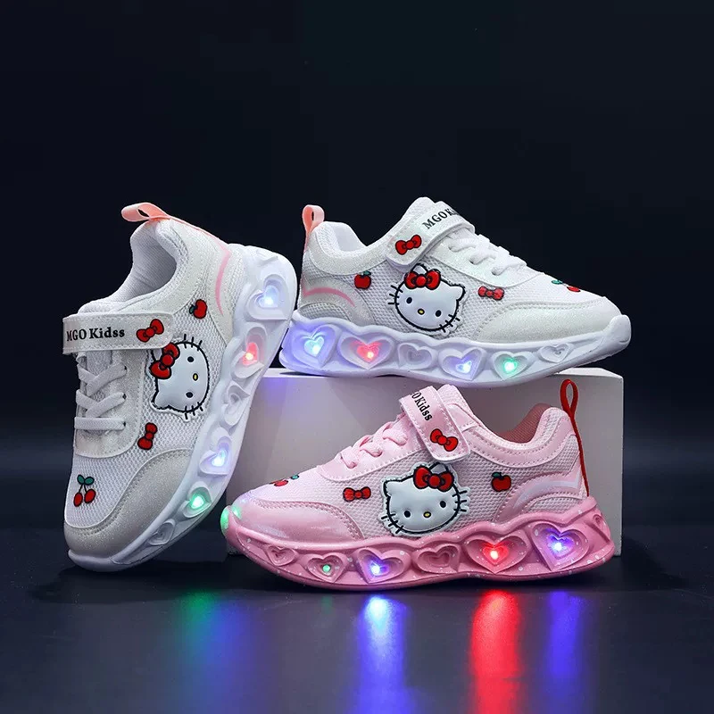 

Hot Sanrio Hello Kitty Kids'Casual Shoes Led Light Cartoon PU Leather Fashion Sport Flat Bottom Shoes Breathable White Pink