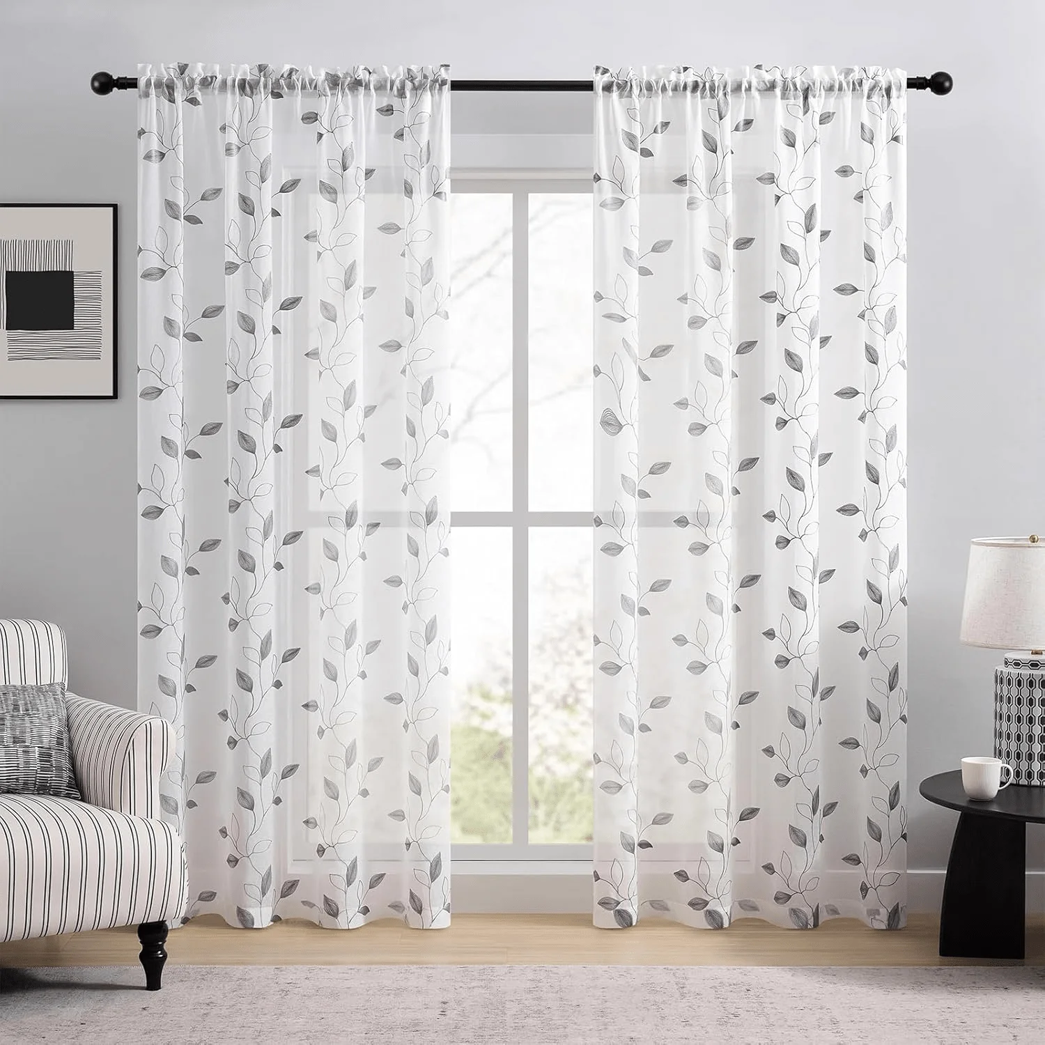 1/2 Pcs Leaf Pattern Floral Semi-Transparent Thin Curtain Cloth Suitable for Bedroom Living Room Balcony Bay Window