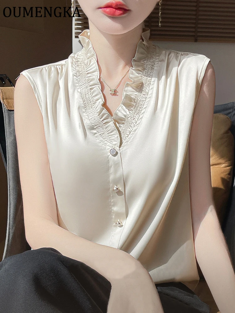 Oumengka Champagne Satin Top Women Button-Up Tops Woman Summer V-Neck Ruffe Tanks Camis Tops for Women French Vest Tank Female