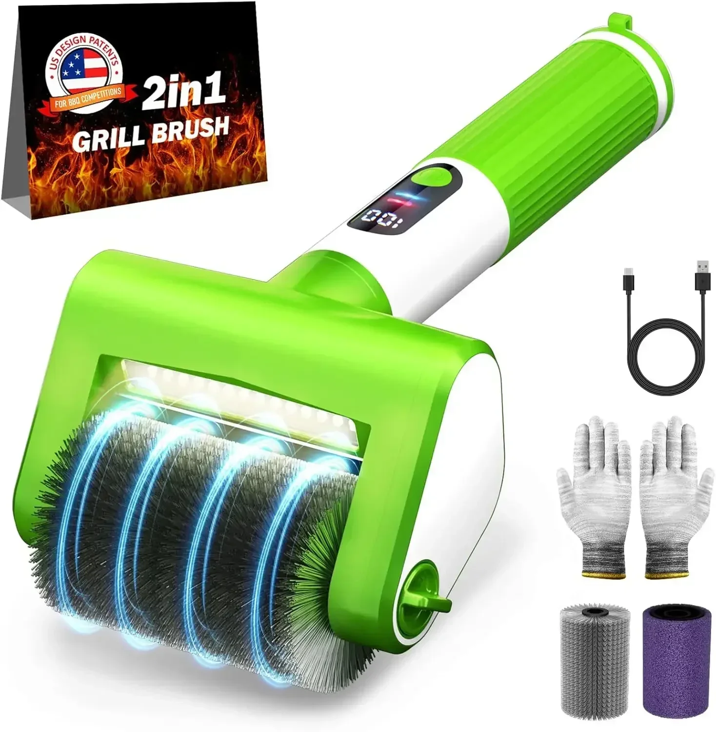 

2-Speed Electric Grill Brush, 800RPM, LED Light, 4000mAh, 2 Heads, No Bristle Shedding, Rechargeable, Lightweight for Outdoor Camping