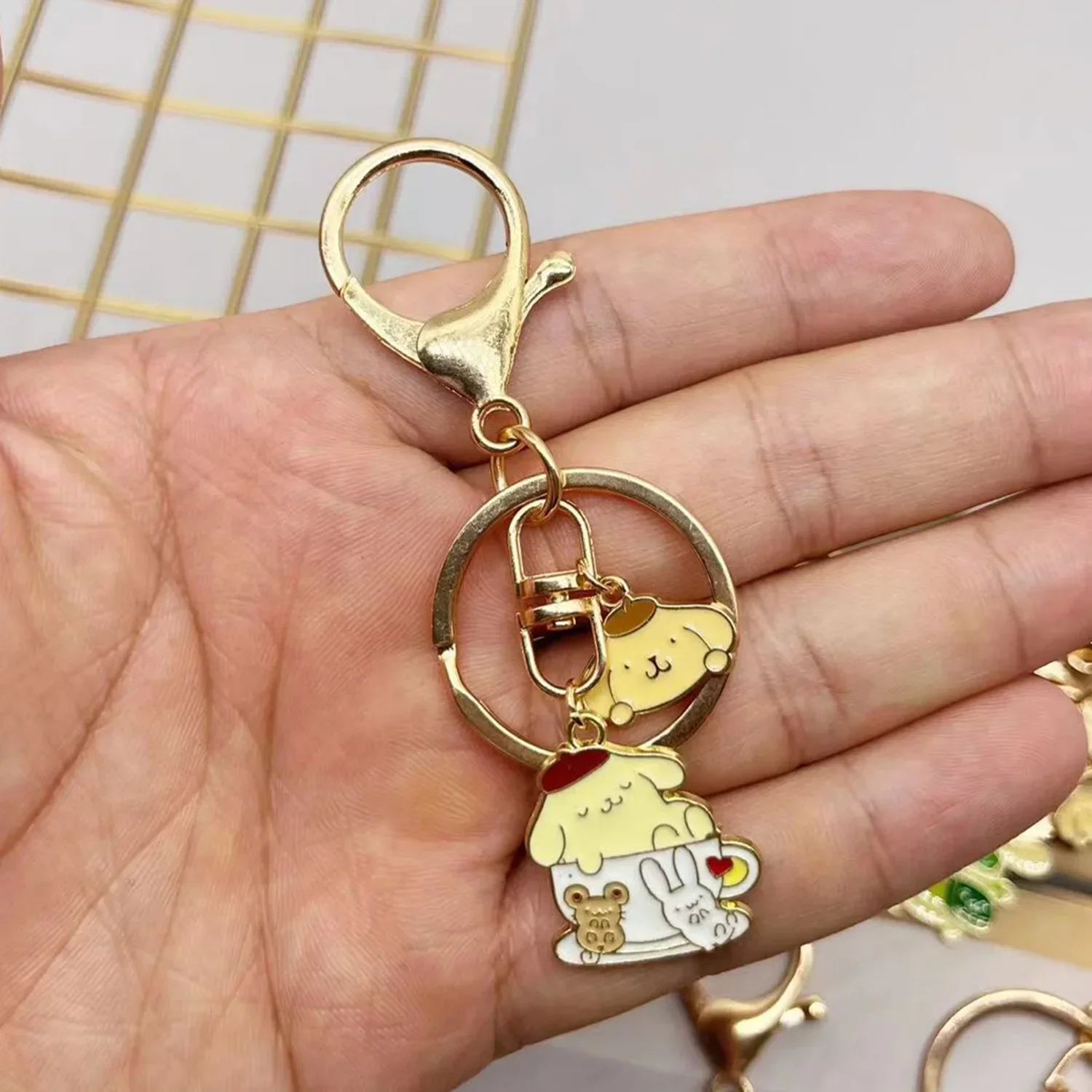 Sanrio Pompom Purin Keychain Cartoon Hello Kitty Action Anime Figures Keychain Cute Cartoon Car Backpack Keyring Pendant Gifts