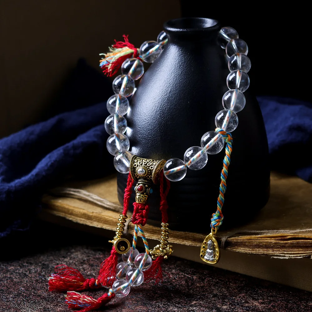 Natural white crystal eighteen seed Buddha beads, hand-held Tibetan style diamond pestle, ethnic style prayer bead jewelry
