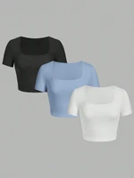 Camiseta de 3 piezas para mujer, tops con escote cuadrado, tops cortos de manga corta para mujeres y niñas, ropa de calle sexy, camisetas superiores