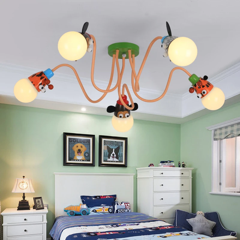 Creative Cartoon Ceiling Chandelier Lamp Animal Monkey Tiger Color Pendant Lights Boy Room Children's Room Bedroom Room Decor