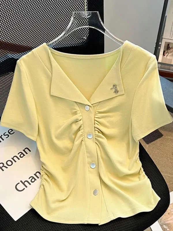 Camiseta Feminina de Verão com Gola Dobrada, Ajuste Slim, Comprimento Médio, Estilo Coreano, Top V-ne