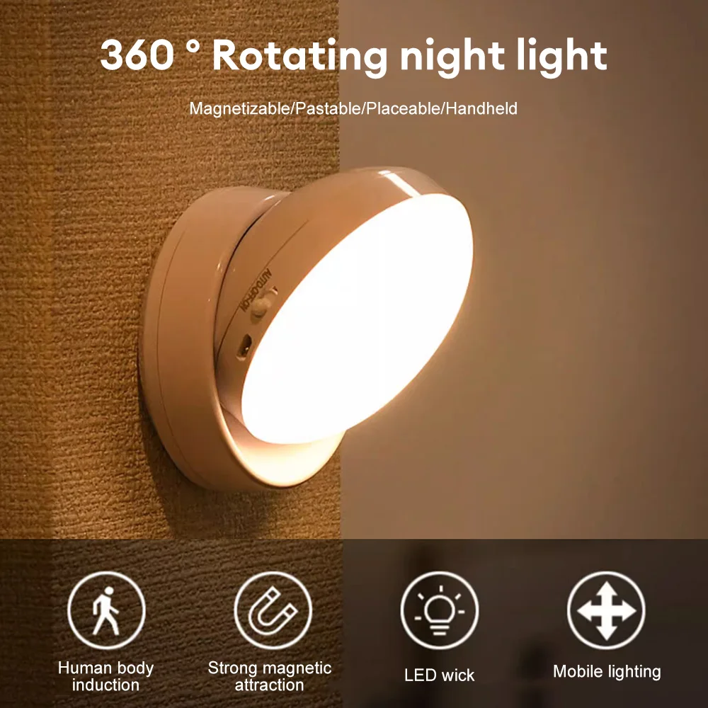 Luz Nocturna LED con Sensor de movimiento PIR, Detector de presencia humana, lámparas de pared recargables por USB, lámpara de noche inalámbrica