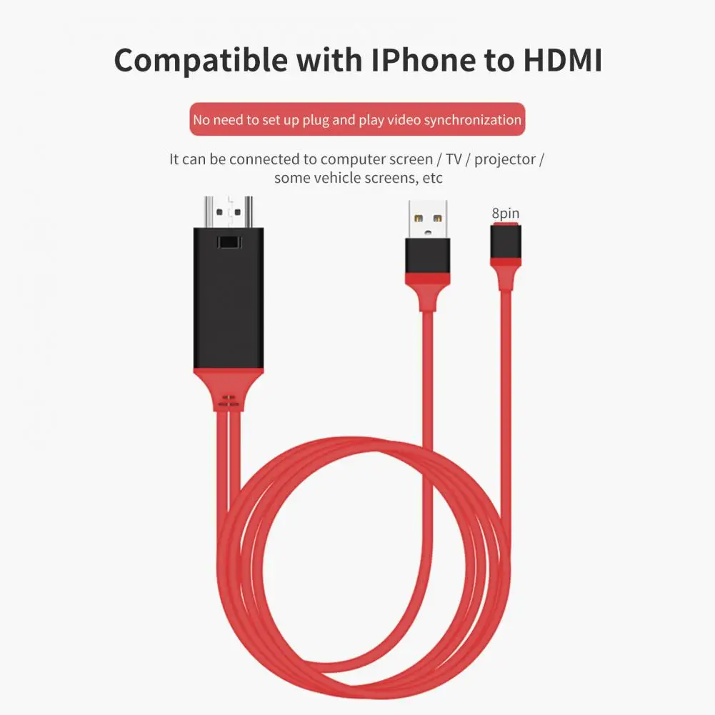 HDMI-compatible Adapter Cable 1080P Plug and Play TPE 8Pin to HDMI-compatible Converter for iPhone