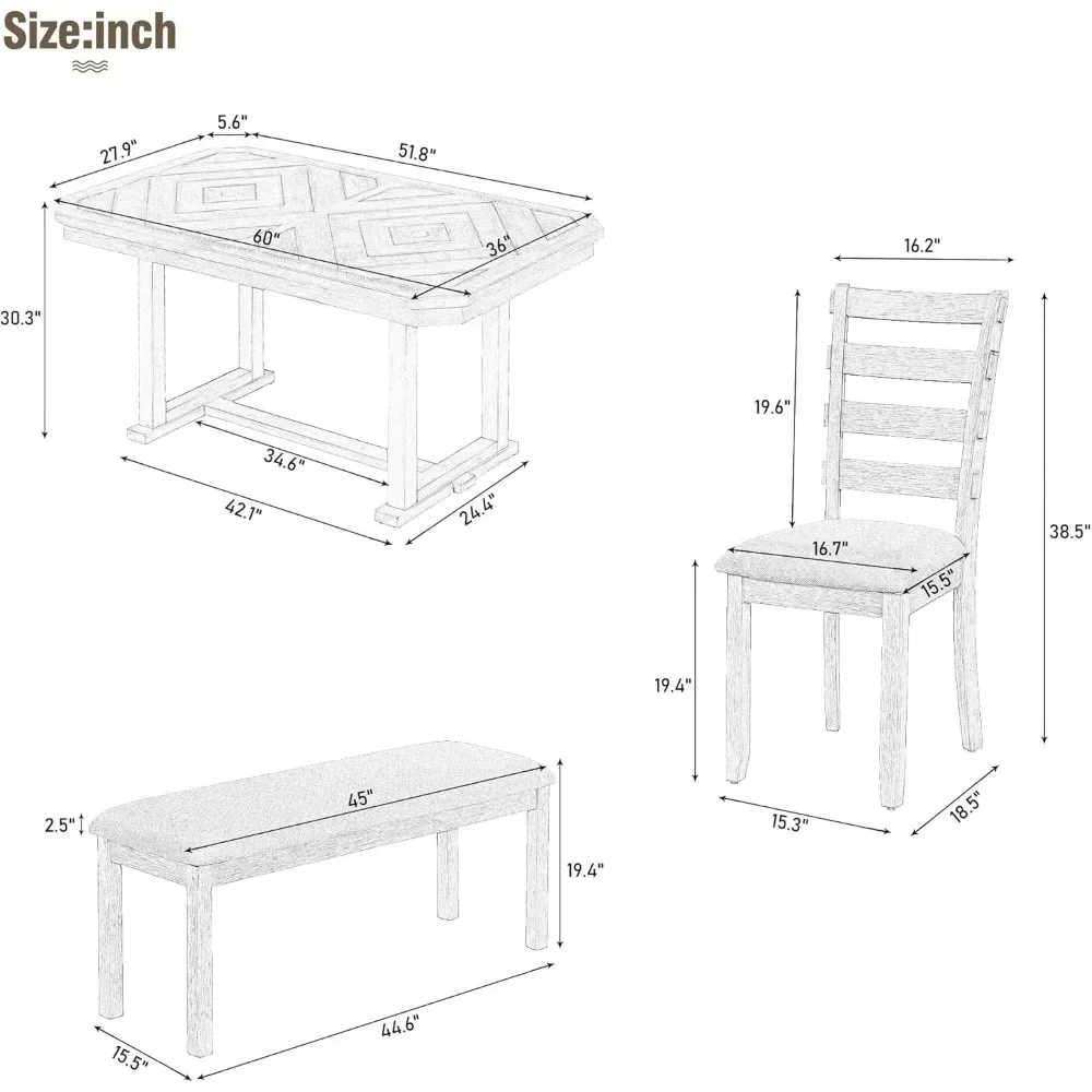 6 Pieces Dining Table Set with Bench, Rectangle Dining Table with 4 Upholstered Chairs & A Bench, Rubber Wood Dining Table Set