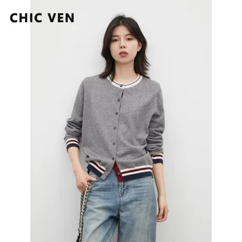 CHIC VEN New Women's Cardigan Loose Retro Striped Knitted Sweaters Short O Neck Single Breasted Female Top Spring Autumn 2026