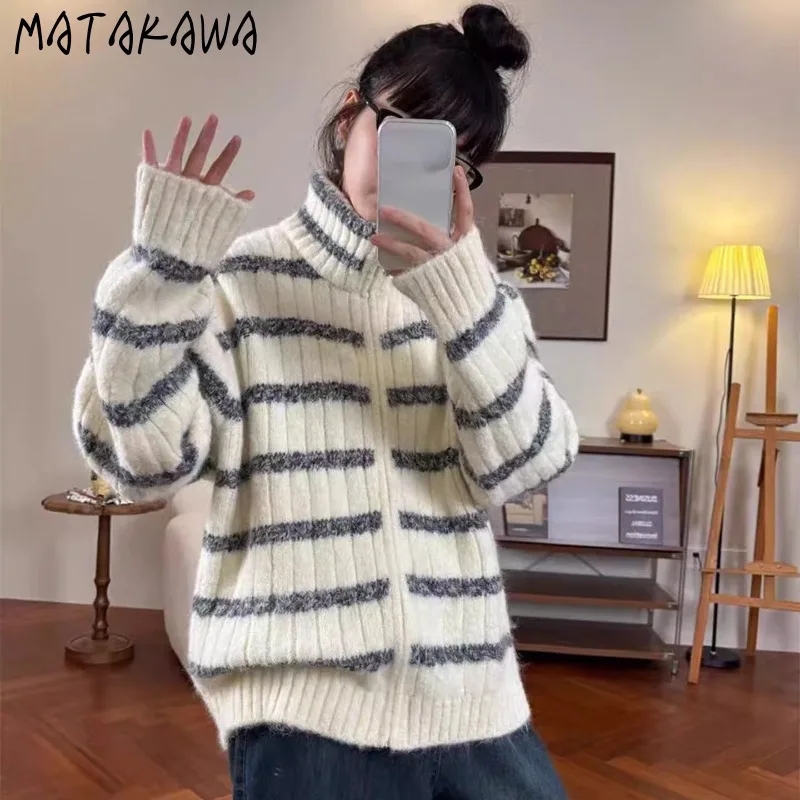

Matakawa Autumn Winter Clothes Woman Sweaters Stripes Turtleneck Thick Cardigans Korean Fashion Chic Vintage Warm Sueter Mujer