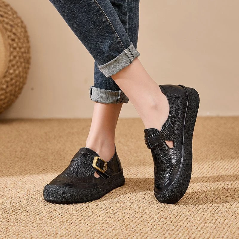Original Natürliche Leder Schuhe für Frauen Vintage Komfort Runde Kappe Schnalle Wohnungen Frau Slip Auf Orthopädische Loafers Damen Mokassins – Detail 15