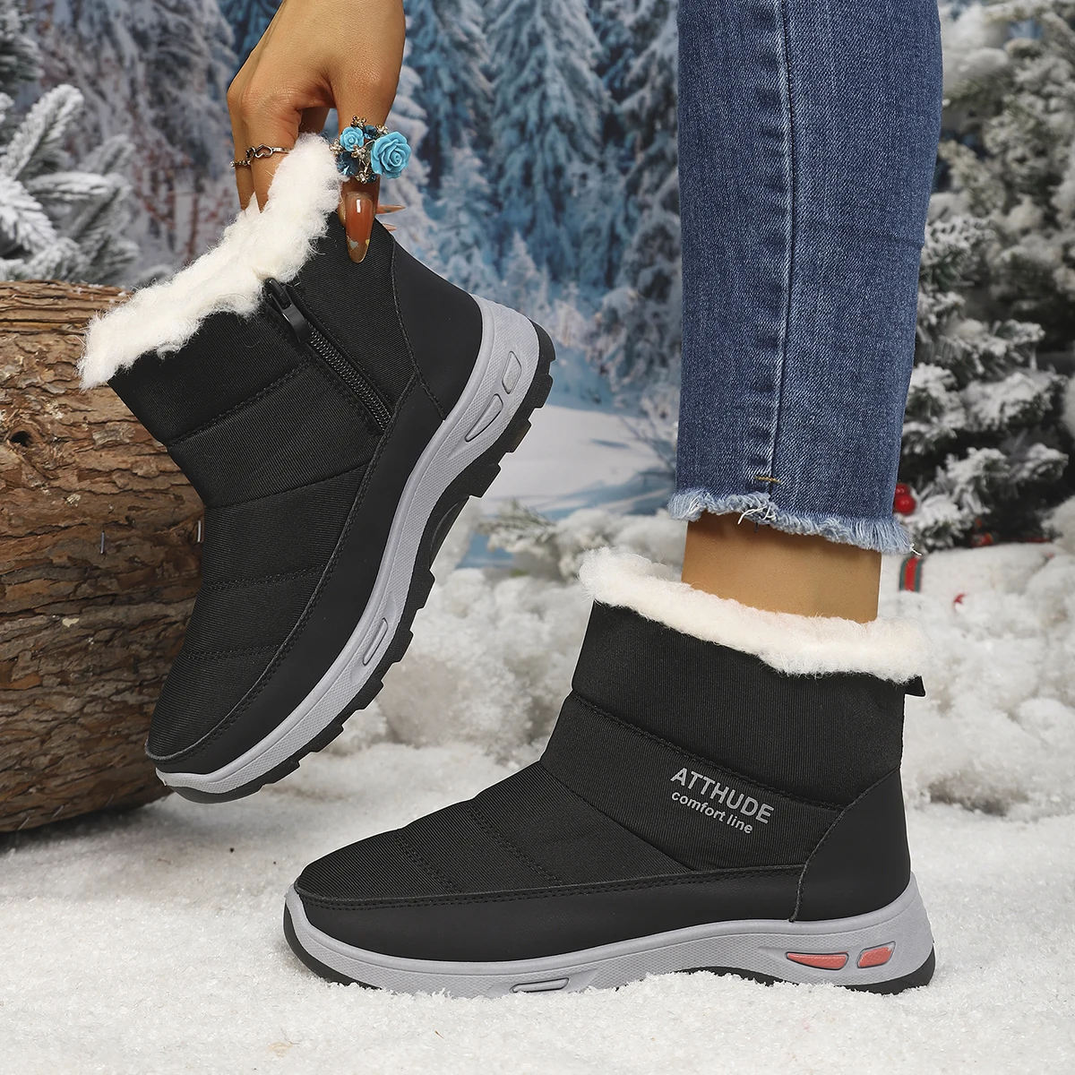 Botas de nieve impermeables color burdeos para mujer, botas cómodas antideslizantes con cremallera lateral y forro polar grueso para mamá, clima frío