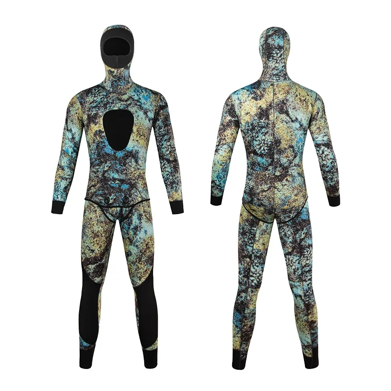 Traje de camuflaje para hombre, traje de buceo de manga larga con capucha de fisión, sumergible, mantiene el calor, impermeable, 2 piezas
